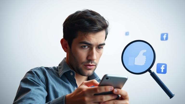 alt_text: Person examines phone with Facebook icons, suggesting discovering who reported them.
