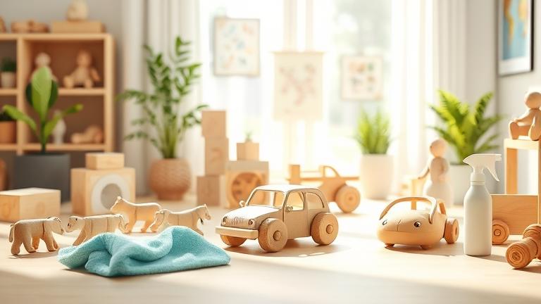 alt_text: Cozy playroom with wooden toys being gently cleaned, highlighting safety and care.