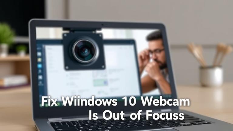 alt_text: Windows 10 laptop with out-of-focus webcam, user troubleshooting at a clean desk.