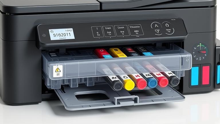 alt_text: Epson printer with transparent compartments showing ink cartridges and level indicators.