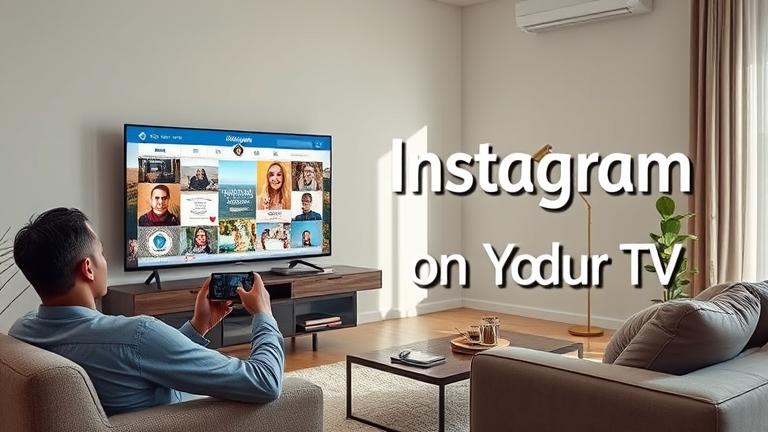 alt_text: Modern living room with TV showing Instagram, person streaming content via device, cozy setup.