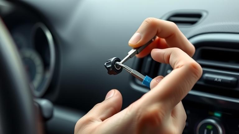 alt_text: Person removes a broken aux jack from car dashboard using tools; close-up, detailed scene.