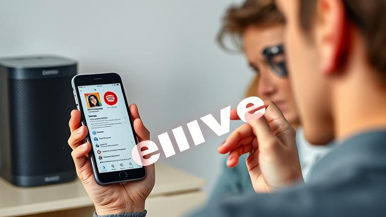 alt_text: Person with Sonos app on smartphone, Sonos speaker, Spotify crossed out—tech help scene.