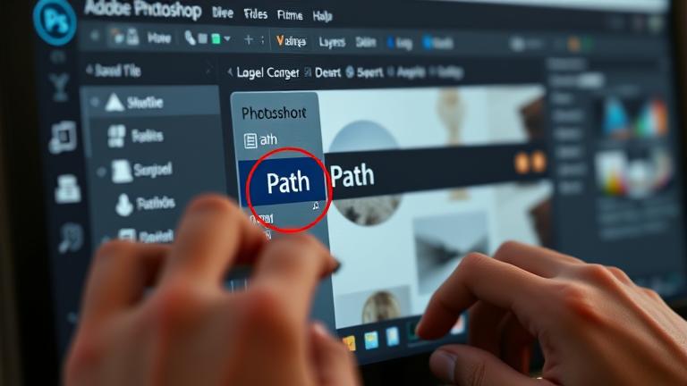 alt_text: Close-up of Photoshop workspace with "Path" option highlighted, hands using mouse.
