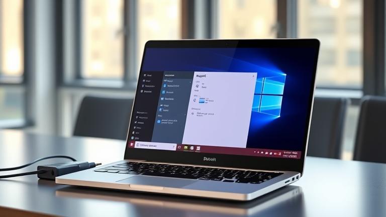 alt_text: Realistic laptop on desk showing Windows 10 brightness settings, plugged in, troubleshooting.