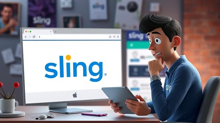 alt_text: Person at desk with Sling on screen, searching for help with account cancellation.