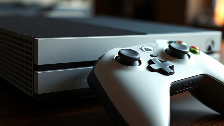 alt_text: Close-up of Xbox One with Star Wars KOTOR 2 overlay, evoking nostalgia and excitement.