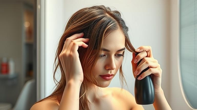 alt_text: Person with shiny clean hair preparing to style it messy in a salon or bathroom.