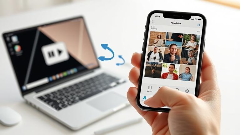 alt_text: iPhone transferring photos to open Chromebook with transfer interface, showcasing seamless data transfer.