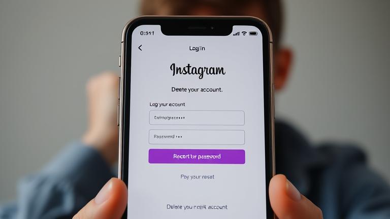 alt_text: Person struggles to delete Instagram account on phone with forgotten password, feeling confused.