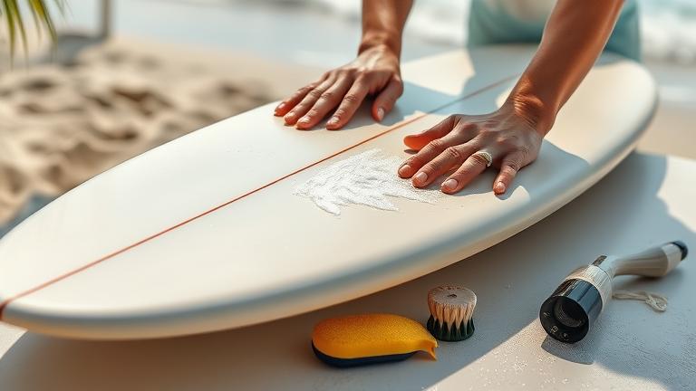 alt_text: Person cleaning a surfboard outdoors with cleaning tools, beach background, sunny vibe.