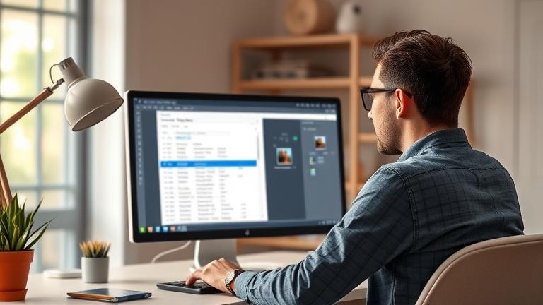 alt_text: Confident designer manages Photoshop history on screen with warm lighting and a clean workspace.