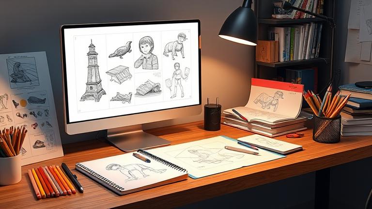 alt_text: Organized artist's workspace with digital art, traditional tools, and inspiring professional detail.