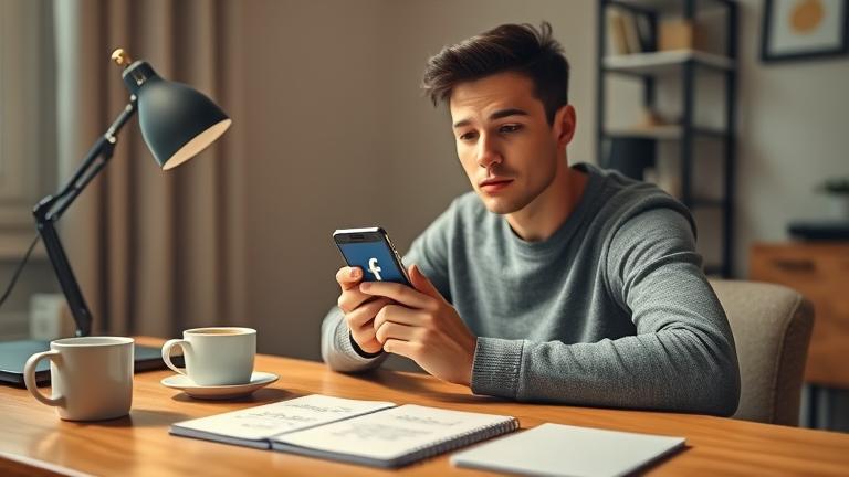 alt_text: Person in cozy home office holding phone with Facebook icon, contemplating social media use.