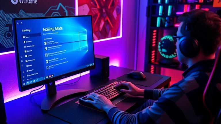 alt_text: Person customizing Game Mode on Windows 10 PC in a vibrant, high-tech gaming setup.
