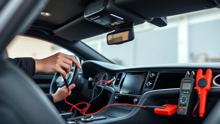 alt_text: Technician repairing a car's auxiliary port with tools inside a modern vehicle interior.