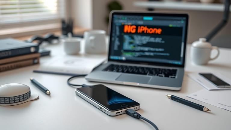 alt_text: Modern workspace with iPhone connected to laptop, illustrating the flashing process securely.