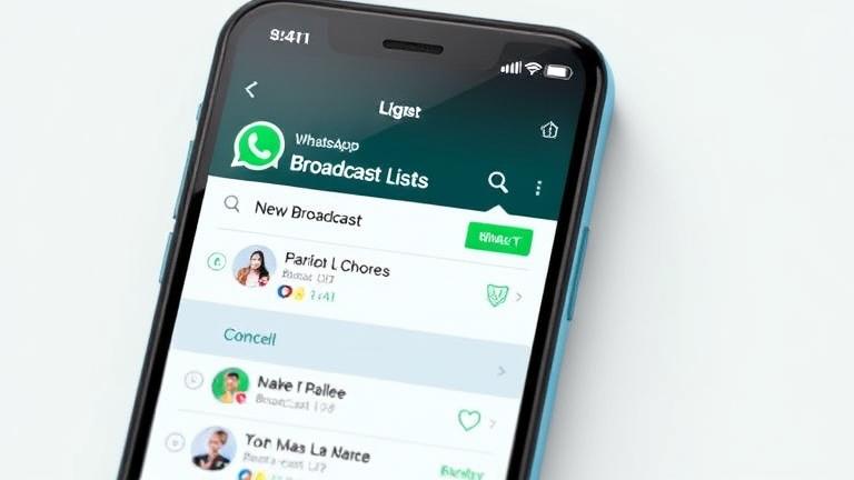 alt_text: WhatsApp screen showing chat list, highlighting "Broadcast Lists" and "New Broadcast" button.