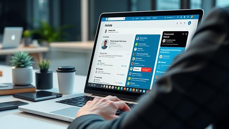 alt_text: Professional setting showing a laptop with LinkedIn page management, focusing on delete options.