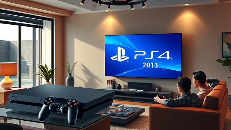 alt_text: PlayStation 4 launch scene with console, TV, excited gamers, and 2013 hints.