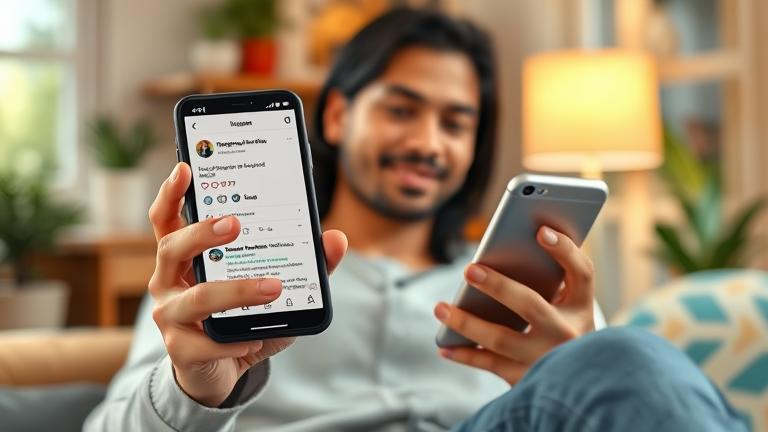 alt_text: Person responding to an Instagram comment on their phone in a cozy, social media-themed setting.
