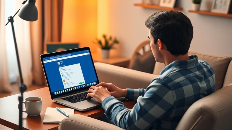 alt_text: Person reflects at a cozy desk, viewing Facebook settings on laptop, evoking privacy and choice.