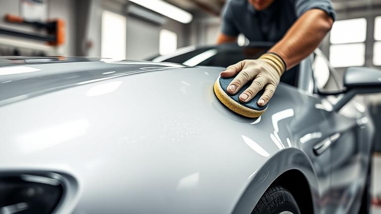 alt_text: Technician expertly removing overspray from a shiny car in a well-lit workshop.