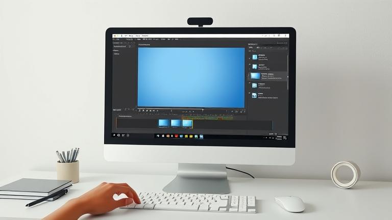 alt_text: Photoshop on screen with video editing, MP4 export, workspace, keyboard, and icons.