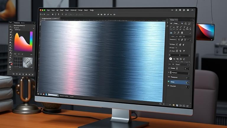 alt_text: Close-up of a Photoshop workspace applying a realistic metal gradient with detailed reflections.