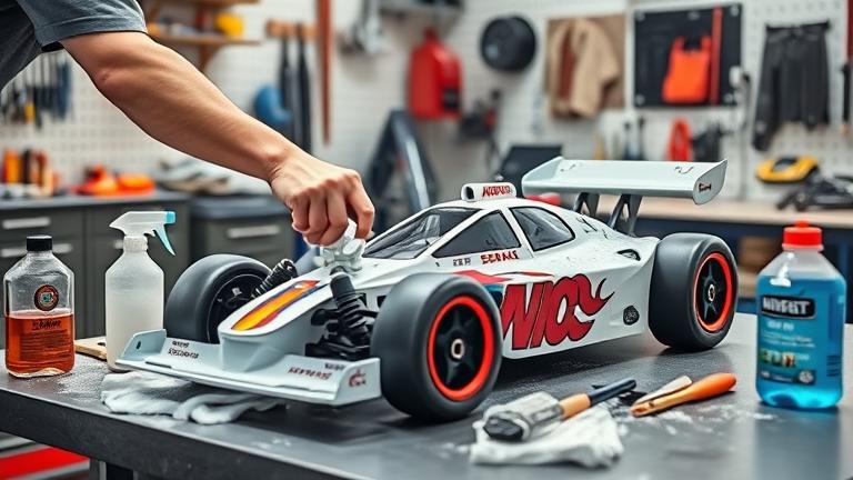 alt_text: Person cleans a nitro RC car on a workbench in a bright, organized garage setting.