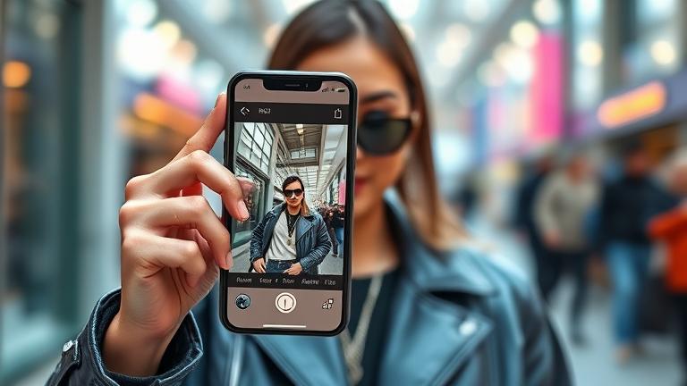alt_text: Stylish user with phone showing Balenciaga Instagram filter, trendy background, vibrant lighting.