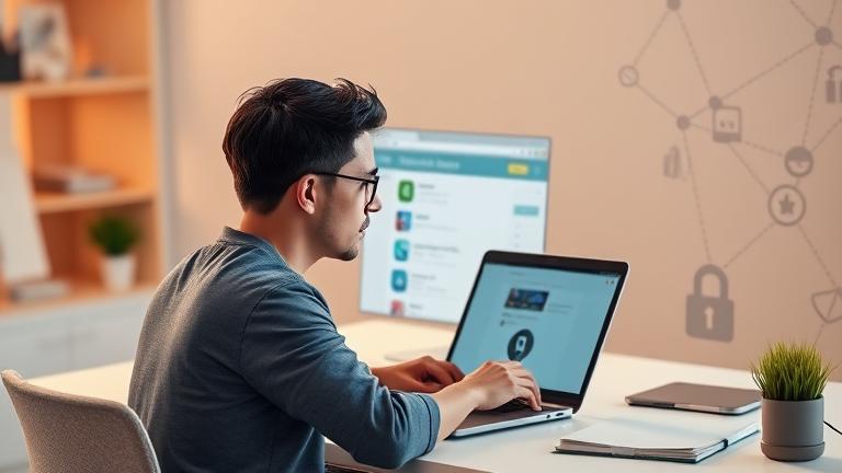 alt_text: Person at desk using laptop with browser tabs, emphasizing online privacy and data security.