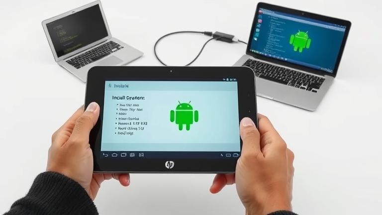 alt_text: Person installing Android on HP TouchPad with setup screen, laptop, and installation icons.
