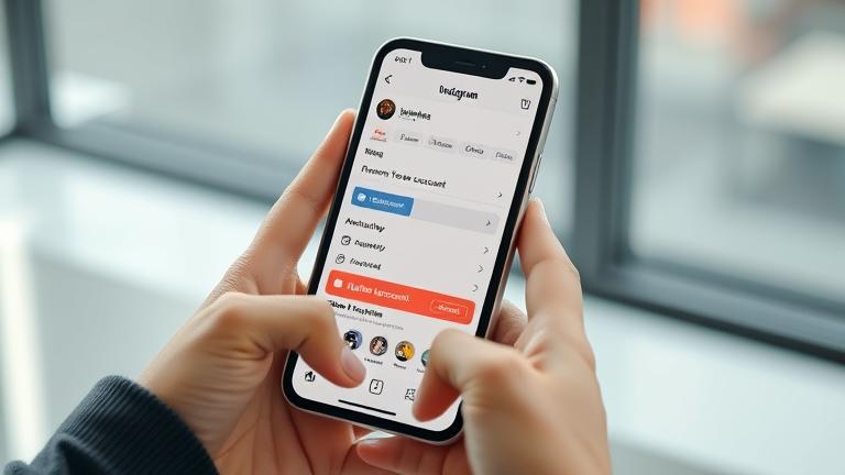 alt_text: Person holding phone open to Instagram account settings, highlighting "Delete Account" option.