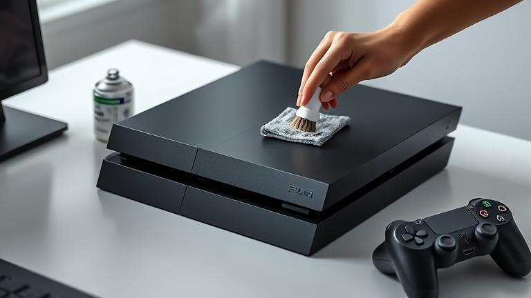 alt_text: Person cleaning a PlayStation 4 Pro on a modern desk, showing careful maintenance.
