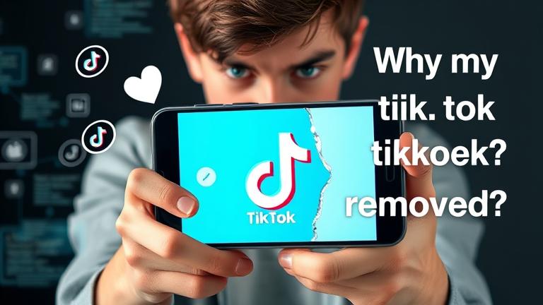 alt_text: Frustrated teen with phone, torn TikTok logo, notifications, and "Why was my TikTok removed?" text.