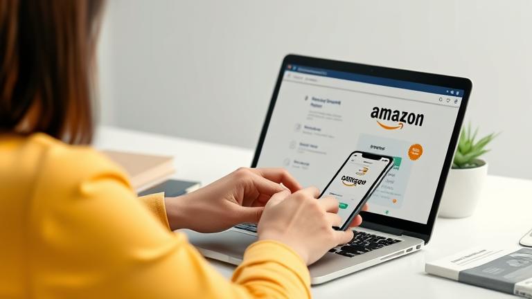 alt_text: Person managing Amazon bank info on device with financial docs, modern, friendly scene.