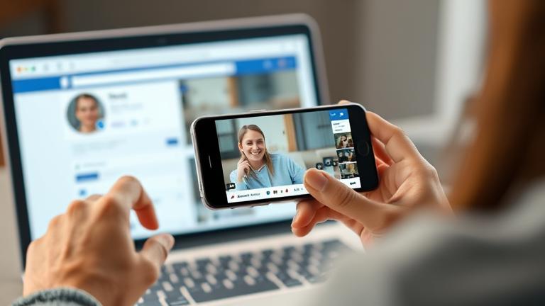 alt_text: Person tagging friends on Facebook video using a laptop with clear UI elements.