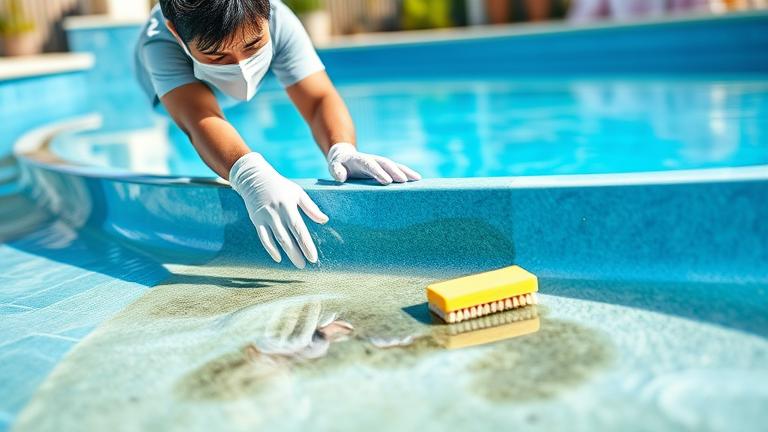 alt_text: Person cleaning mold off pool liner with gloves and brush in a bright, outdoor pool area.