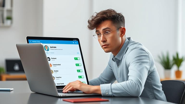 alt_text: Person at desk viewing account delete option on social media in a modern workspace.