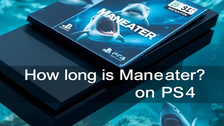 alt_text: PS4 with Maneater game, shark artwork, underwater scenes, "How long is Maneater on PS4?"