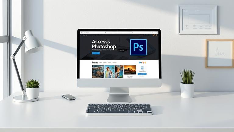 alt_text: Modern workspace with a browser showing Photoshop online, emphasizing accessibility via cloud.