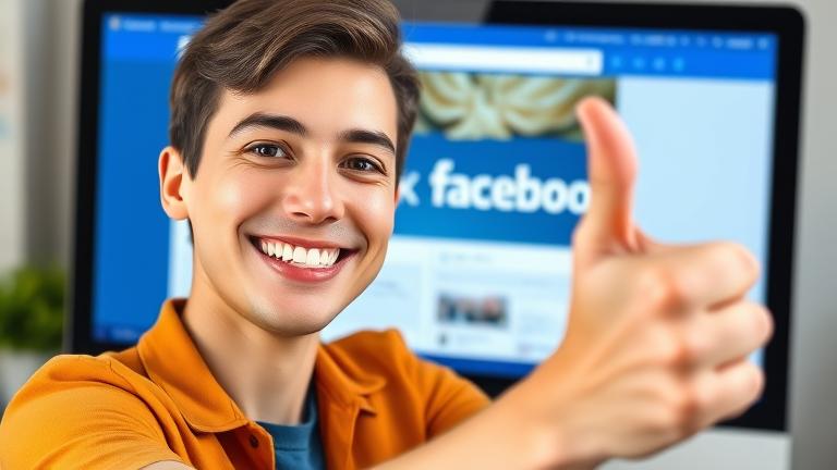 alt_text: Friendly person giving a thumbs-up with Facebook interface in background, showing positive engagement.
