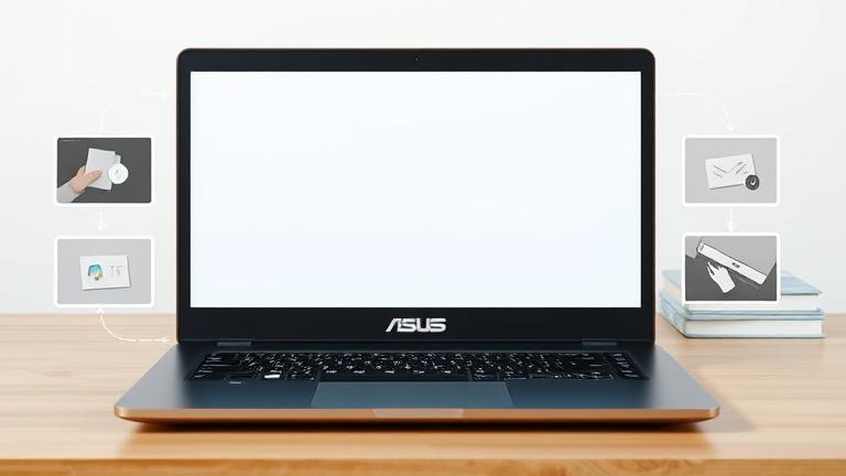 alt_text: Realistic ASUS VivoBook showing screenshot capture via PrtSc key on a clean desk.