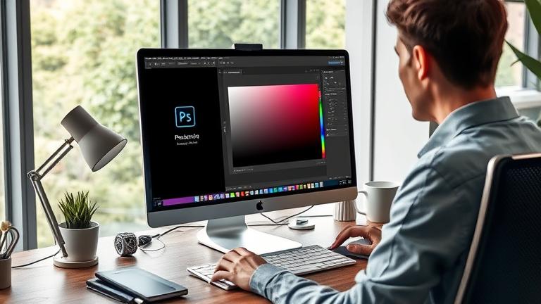 alt_text: Person working in Photoshop on a project with layer panel and color fill in a modern workspace.