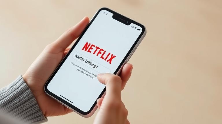 alt_text: Person viewing Netflix billing notification on device, with iTunes and Apple payment icons.