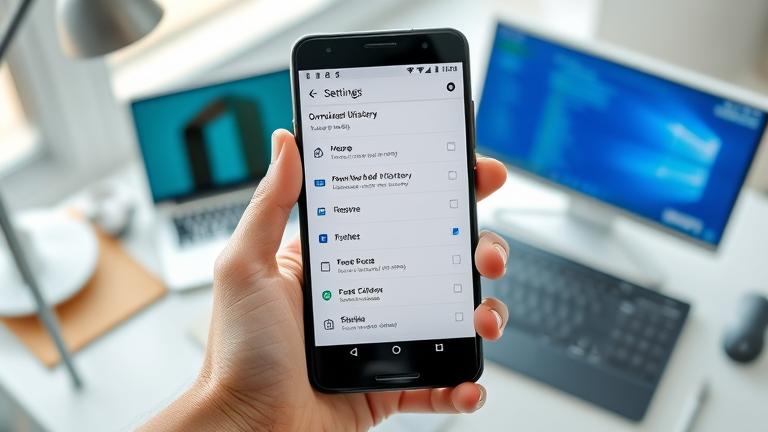 alt_text: Person holding Android phone showing settings and download history in a modern workspace.