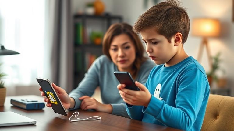 alt_text: Concerned parent manages Snapchat on child's phone in a cozy, family-friendly home.