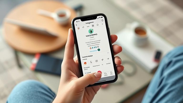 alt_text: Person holding phone with Instagram voice memo open; casual background with coffee and laptop.