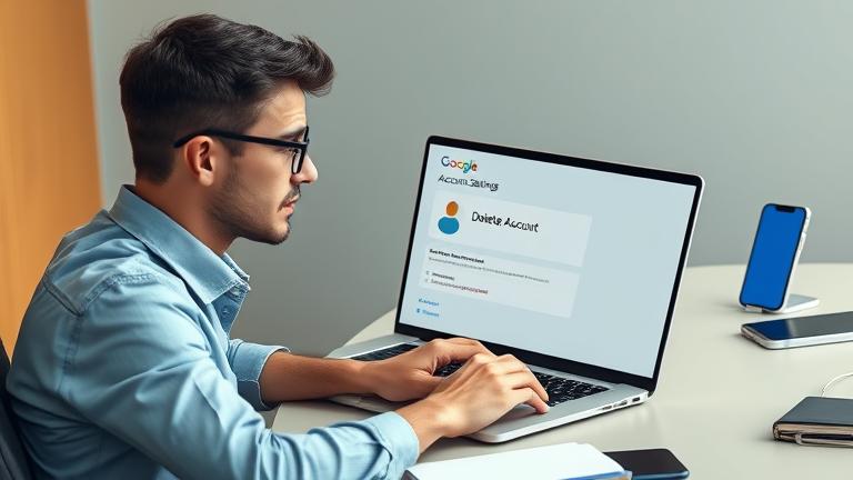 alt_text: Person at desk contemplating account deletion on laptop, with tech gadgets in the background.